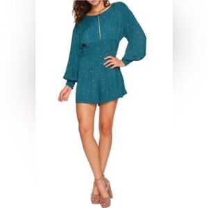 Free People Teal Green Shorts Romper Jumper with Floral Keyhole Size M *See Note